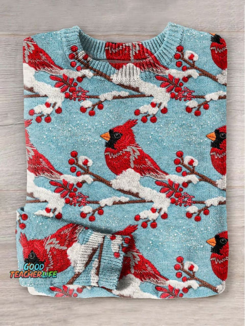 Red Bird Winter Art Print Knit Pullover Sweater