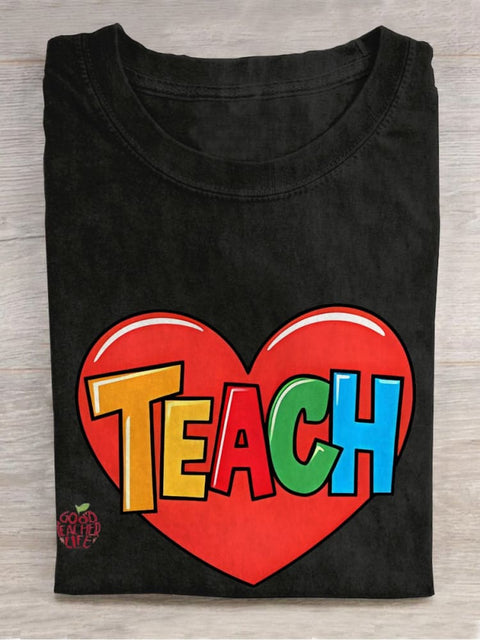 Teacher Heart Love Casual Print T-shirt