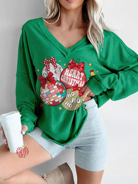 Women's Retro Christmas Ornaments Print Long Sleeve V-neck Comfortable Cotton Shirt