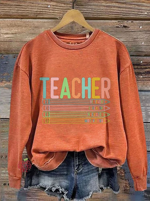 Retro Teacher Casual Print Sweatshirt