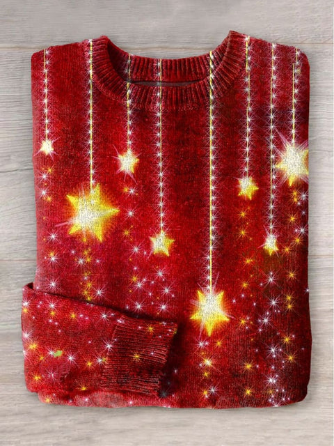 Christmas Glitter Star Light Art Print Knit Pullover Sweater