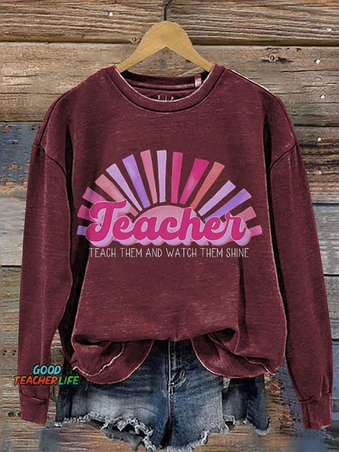 Retro Bright Pink Sun Hot Casual Print Sweatshirt