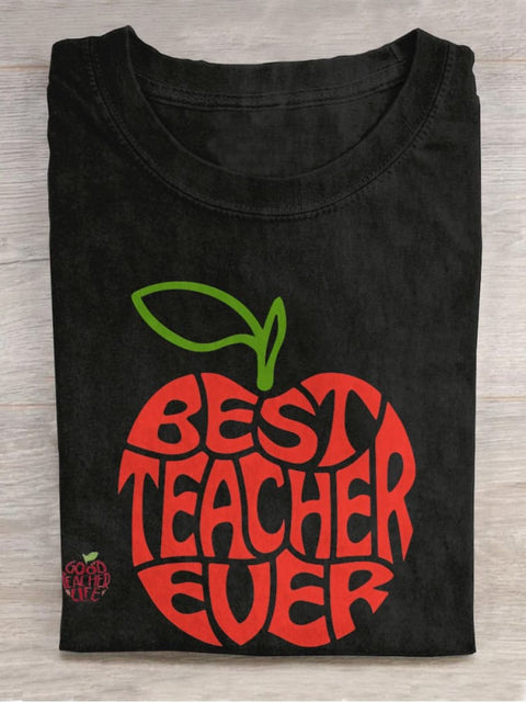 Best Teacher Ever Teach School Worker Apple Casual Print T-shirt