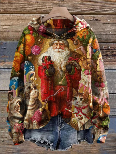 Christmas Cute Santa Cats Decorations Art Pattern Print Casual Knitted Hoodie Sweater