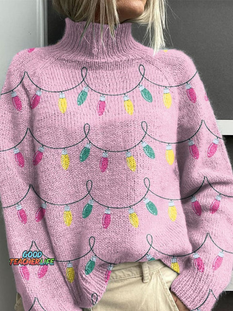 Pink Christmas Lights Christmas Print Knit Turtleneck Pullover Sweater