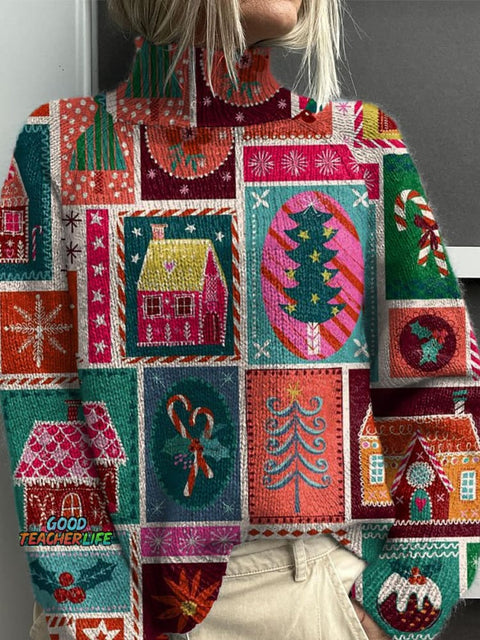 Retro Christmas Patchwork Print Knit Turtleneck Pullover Sweater
