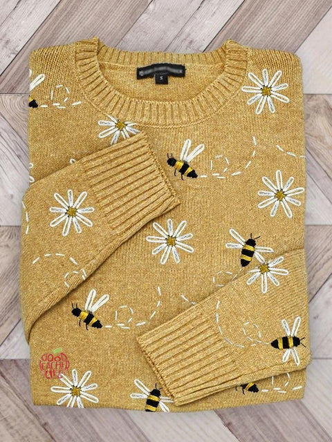 Bee Floral Art Print Knit Pullover Sweater