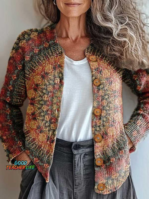 Retro Ethnic Totem Pattern Print Buttoned Cardigan Sweater