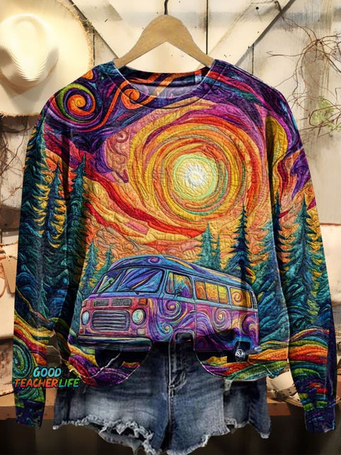 Women's Colorful Hippie Bus Textured Pattern Prints Casual Sweatshirt