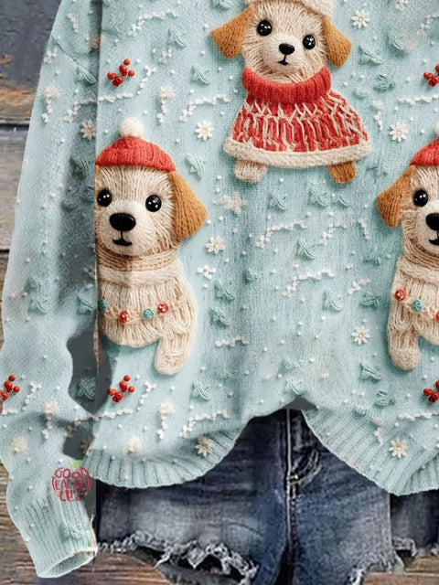 Retro Christmas Gift Dog Art Print Knit Pullover Sweater