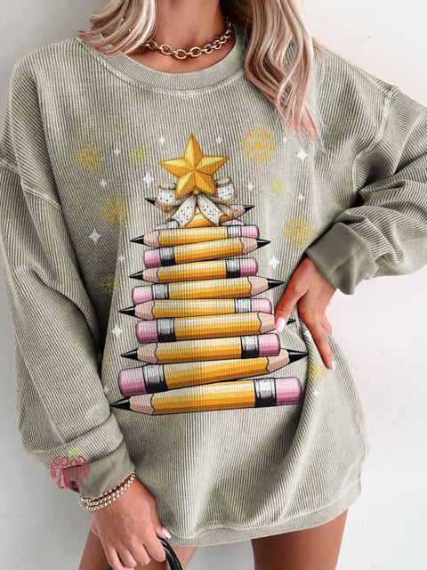 Women's Christmas Pencil Tree Christmas Light Teacher Casual Print Corduroy Sweatshirt