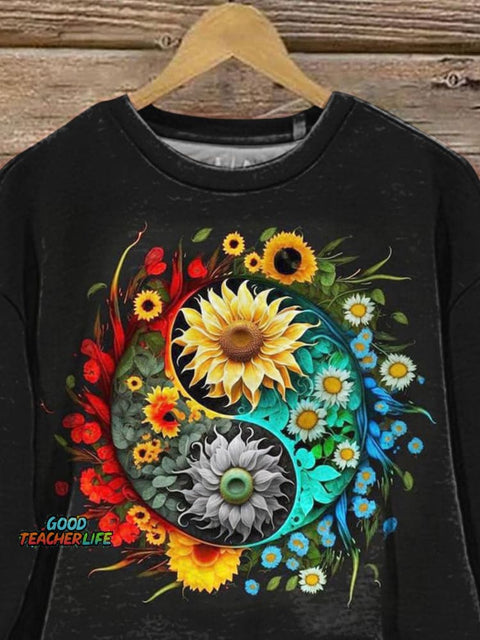 Vibrant Floral And Ying Yang Graphic Printed Casual Sweatshirt