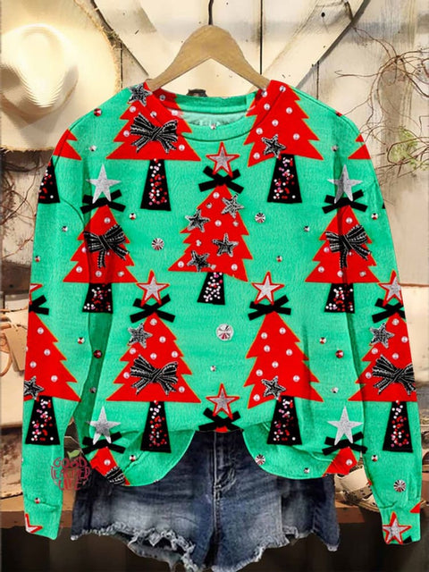 Neon Glittery Christmas Tree Print Casual Sweatshirt