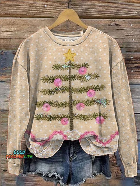 Folk Style Christmas Tree Patchwork Art Printed Casual Sweatshirt
