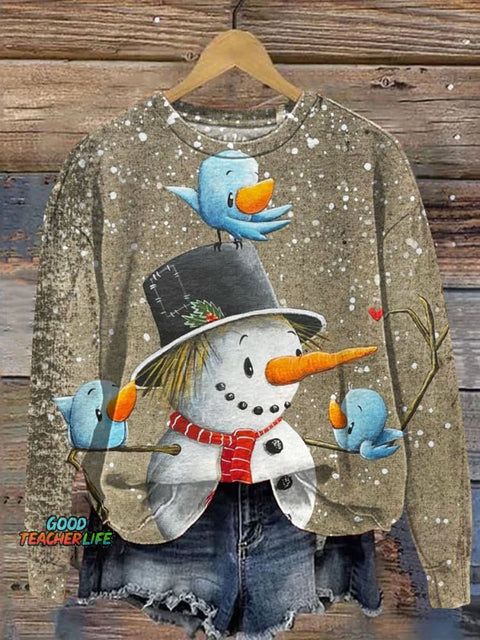 Retro Christmas Snowman Art Print Casual Sweatshirt
