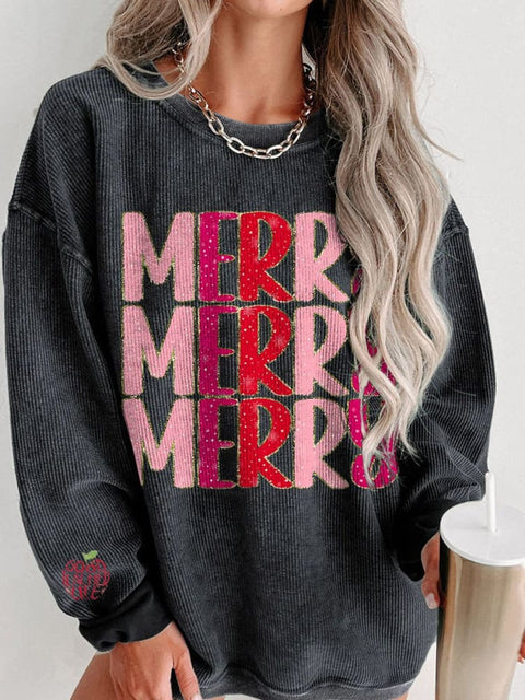 Christmas Merry Glitter Women's  Casual Print Corduroy Sweatshirt