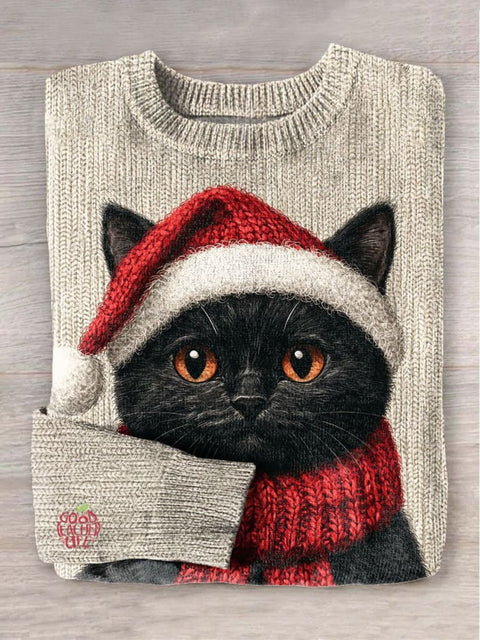 Christmas Santa Black Cat Art Print Knit Pullover Sweater