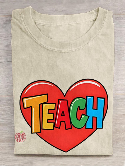 Teacher Heart Love Casual Print T-shirt