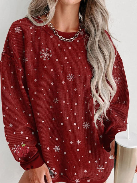 Christmas red snowflakes Women's  Casual Print Corduroy Sweatshirt