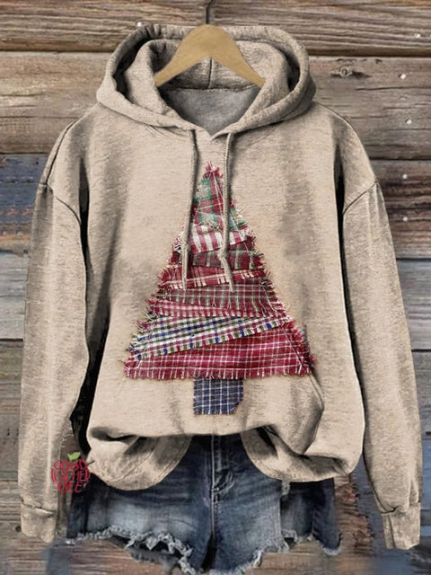 Folk Style Patchwork Christmas Tree Art Printed Casual Sweatshirt