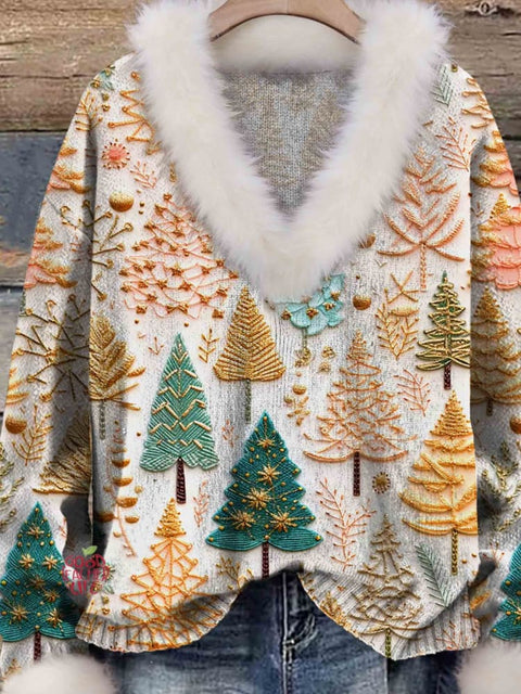 Christmas Tree Print Knit Pullover Fur Collar Sweater