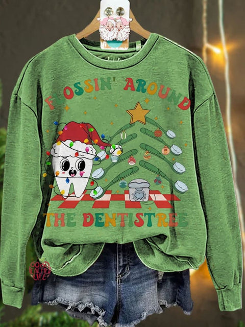 Christmas Flossing Around The Dentistree Christmas Dentist Orthodontist Casual  Sweatshirt