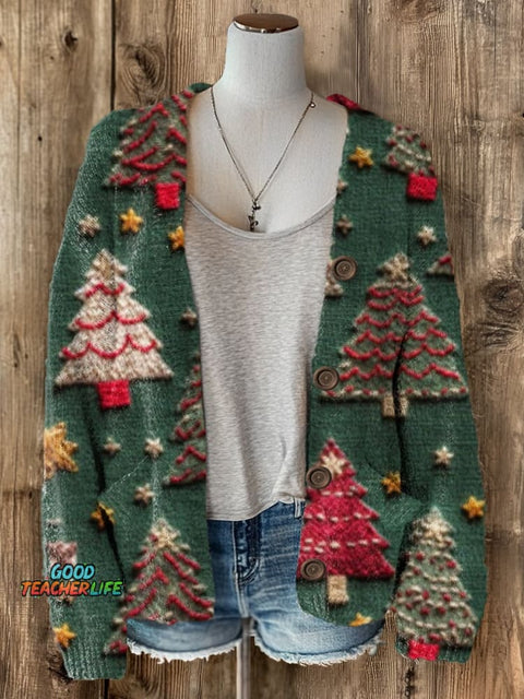 Christmas Tree Art Print Buttoned Cardigan Sweater