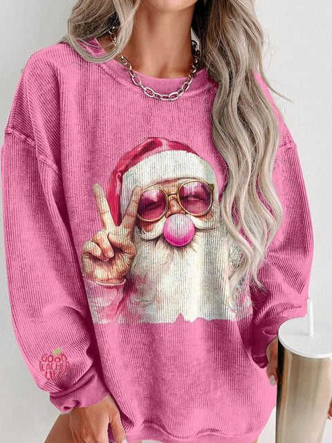 Women's Retro Santa Christmas Blowing Bubble Christmas Casual Print Shirt