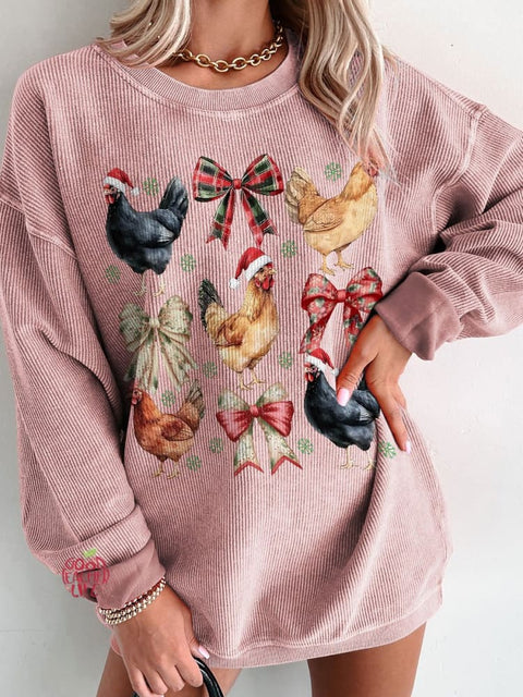 Women's Chicken Christmas Coquette Casual Print Corduroy Sweatshirt