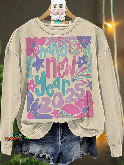 Retro Happy new year 2025 pastel floral Casual  Sweatshirt
