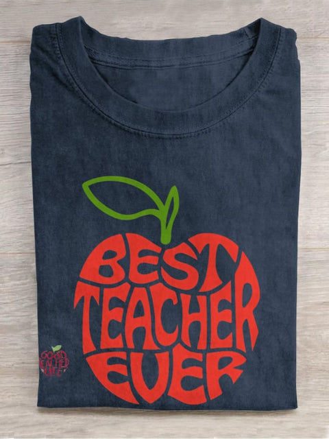 Best Teacher Ever Teach School Worker Apple Casual Print T-shirt