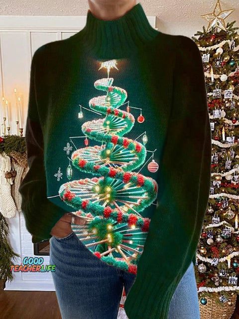 Glitter Christmas Print Knit Turtleneck Pullover Sweater