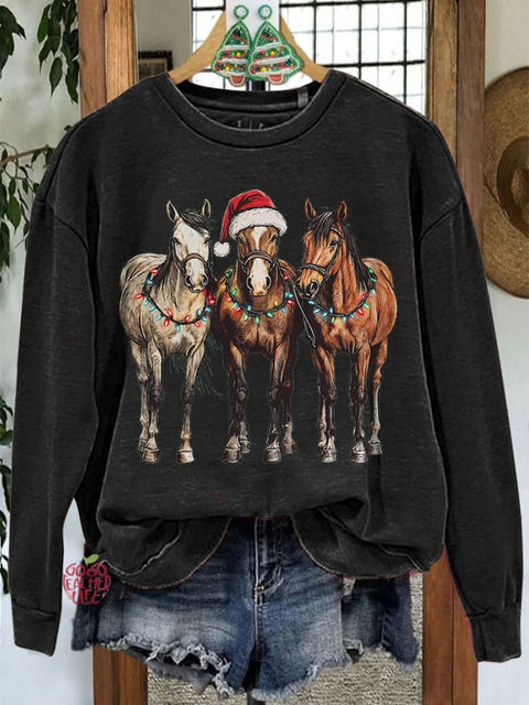 Christmas Horses Casual Print Sweatshirt