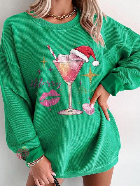 Christmas Drink Merry and Bright Glitter Christmas Women's  Casual Print Corduroy Sweatshirt