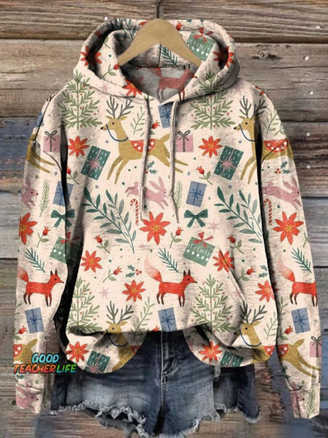Christmas And Woodland Animal Pattern Printed Casual Sweatshirt
