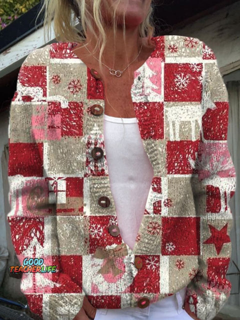 Christmas Tree Gift Print Buttoned Cardigan Sweater