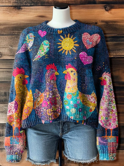 Chicken Art Print Casual Pullover Sweater