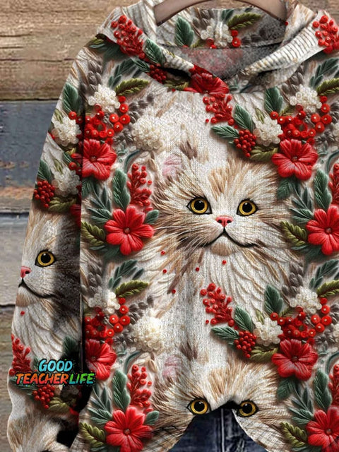 Christmas Cat Print Casual Knitted Hoodie Sweater