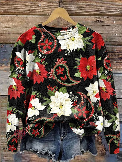 Christmas Flowers Print Casual  Sweatshirt