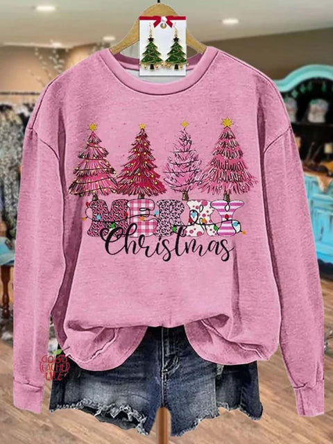 Lovely Pink Christmas Tree Art Print Casual Sweatshirt