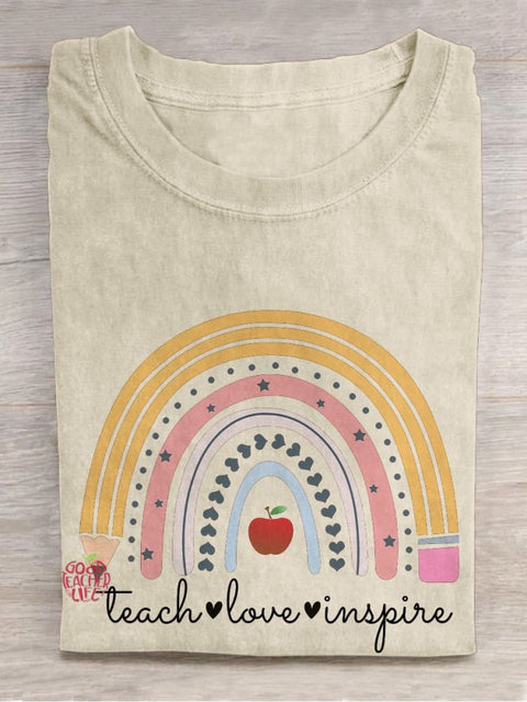 Rainbow Teach Love Inspire Teacher Casual Print T-shirt