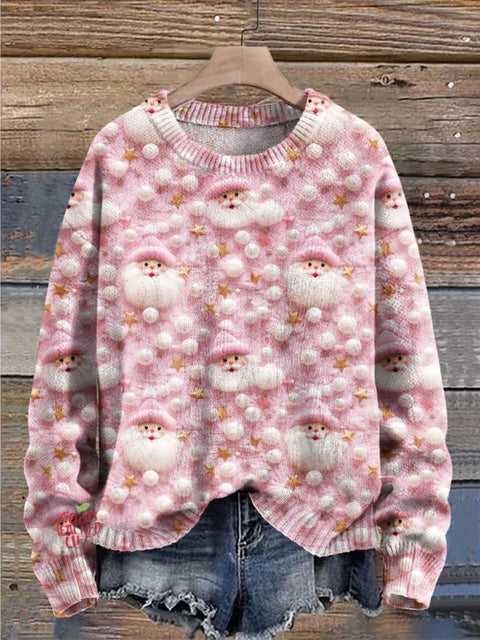 Christmas Santa Claus Pink Art Print Knit Pullover Sweater