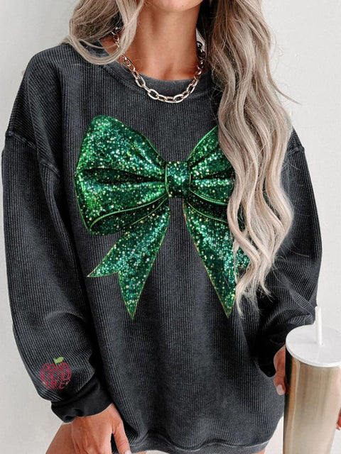 Green Christmas Glitter Bow Print Women's Casual Sweatshirt