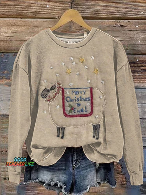 Retro Christmas Sheep Art Print Casual Sweatshirt