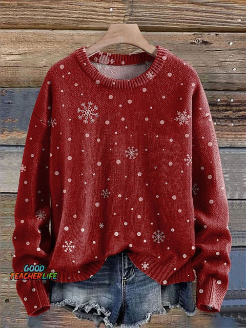 Christmas red snowflakes Print Knit Pullover Sweater