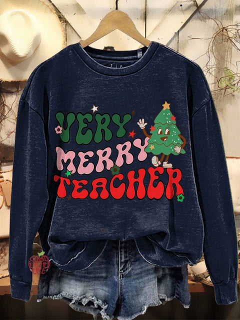 Merry Christmas Very Merry Teacher Casual Print Sweatshirt