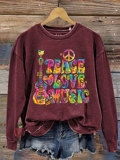 Peace Love Music Art Print Pattern Casual Sweatshirt