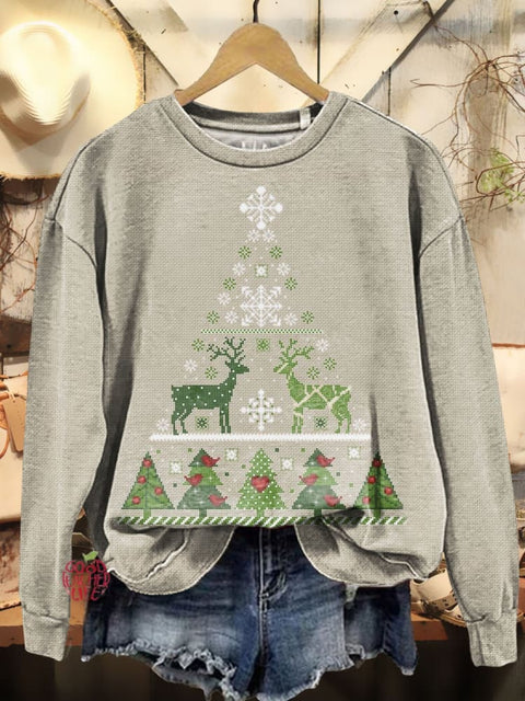 Christmas Tree and Elk Art Print Casual Sweatshirt