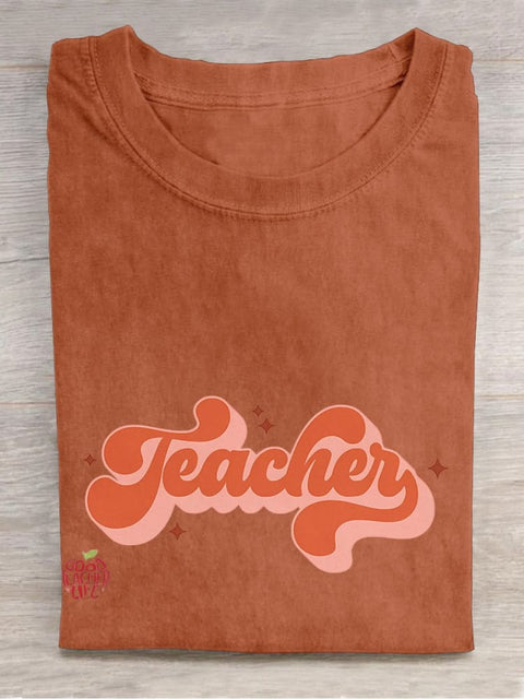 Retro Teacher Casual Print T-shirt