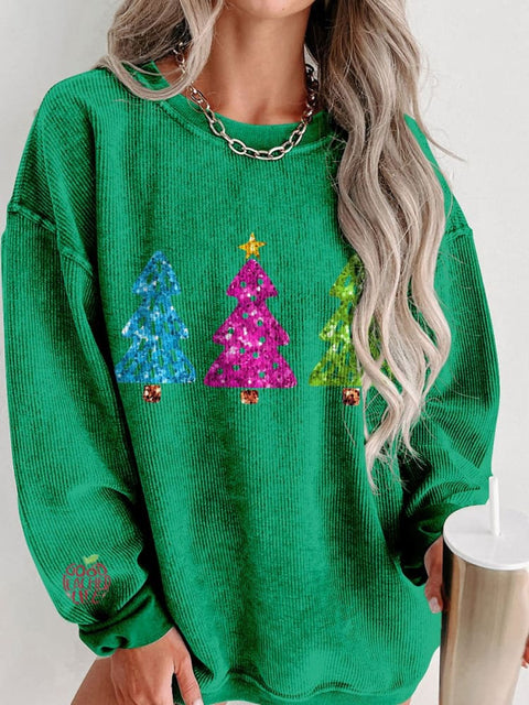 Women's Christmas Tree Casual Print Corduroy Sweatshirt